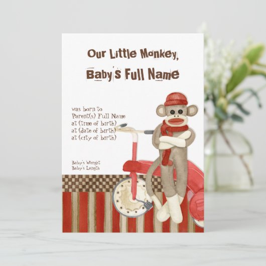 Sock Monkey, Tricycle, Jongen Aankondiging (Staand voorkant)