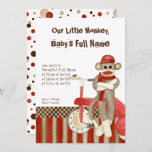 Sock Monkey, Tricycle, Jongen Aankondiging (Voorkant / Achterkant)