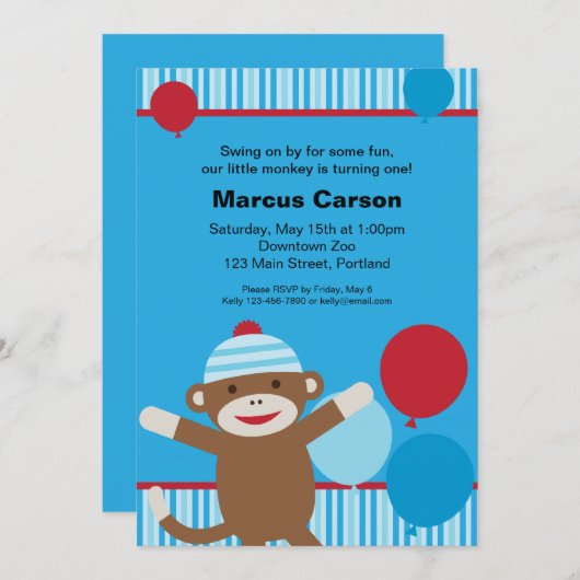 Sock Monkey-uitnodiging - blauw Kaart (Voorkant / Achterkant)