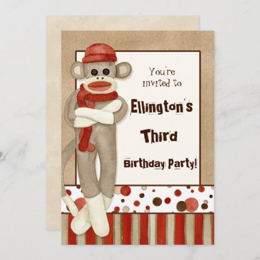 Sock Monkey, Uitnodiging voor verjaardagsfeestje (Voorkant / Achterkant)