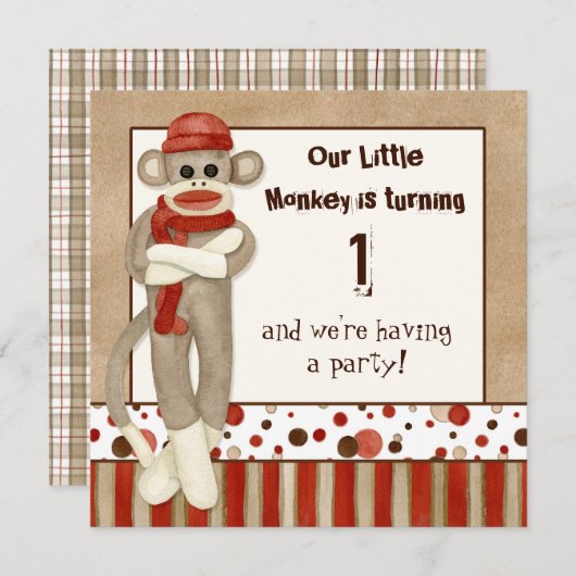 Sock Monkey, Uitnodiging voor verjaardagsfeestje (Voorkant / Achterkant)