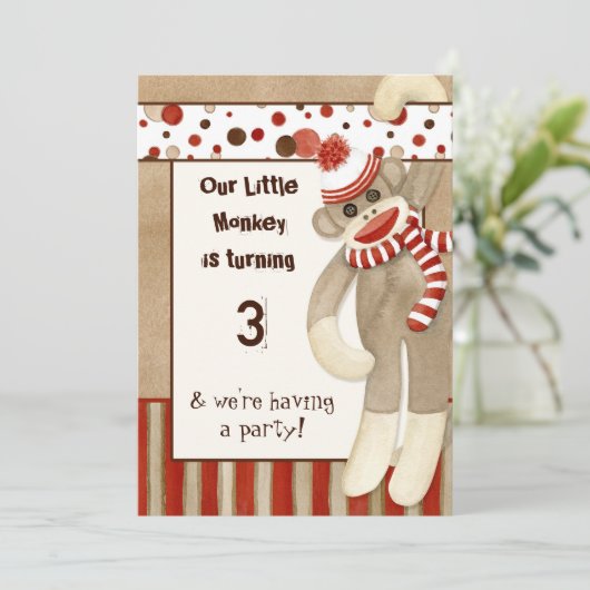 Sock Monkey, Uitnodiging voor verjaardagsfeestje (Staand voorkant)