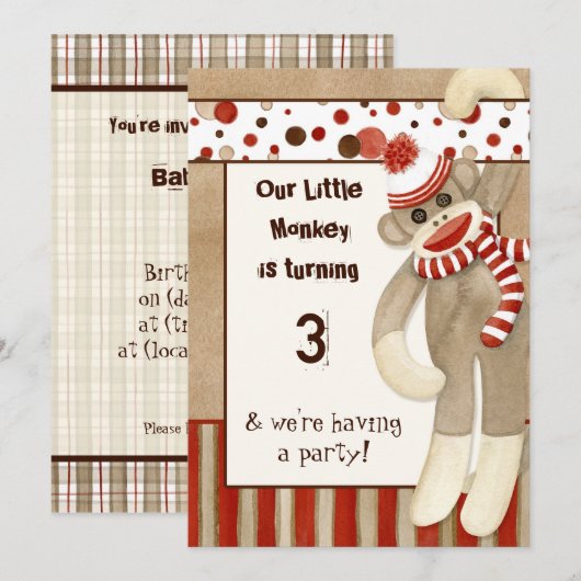 Sock Monkey, Uitnodiging voor verjaardagsfeestje (Voorkant / Achterkant)