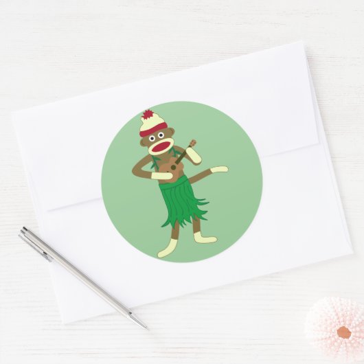 Sock Monkey Ukulele Ronde Sticker (Envelop)