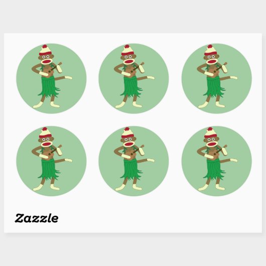 Sock Monkey Ukulele Ronde Sticker (Vel)