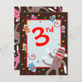 Sock Monkey Verjaardag Party Banner 3e Briefkaart (Voorkant / Achterkant)
