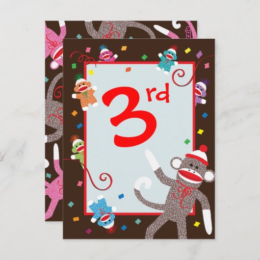 Sock Monkey Verjaardag Party Banner 3e Briefkaart (Voorkant / Achterkant)