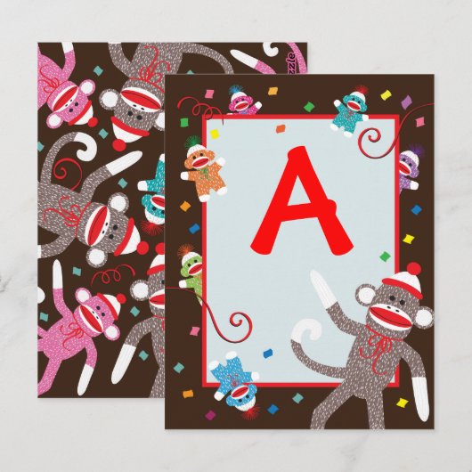Sock Monkey Verjaardag Party Banner "A" Briefkaart (Voorkant / Achterkant)