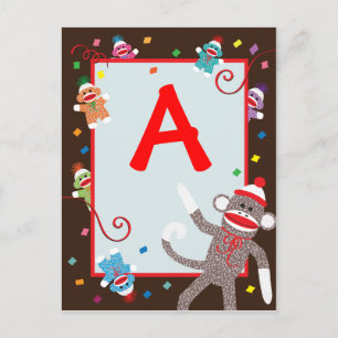 Sock Monkey Verjaardag Party Banner "A" Briefkaart