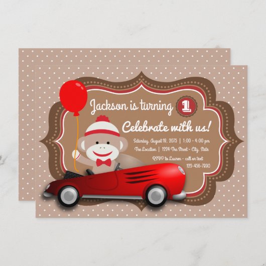 Sock Monkey verjaardagsfeestje uitnodiging (Voorkant / Achterkant)