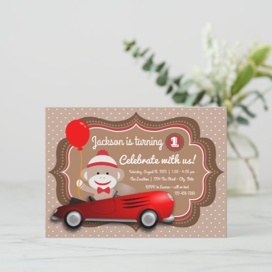 Sock Monkey verjaardagsfeestje uitnodiging (Staand voorkant)