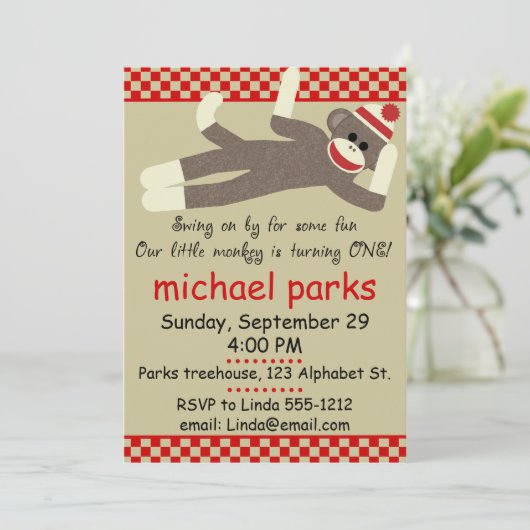 Sock Monkey verjaardagsuitnodiging aanpasbaar Kaart (Staand voorkant)