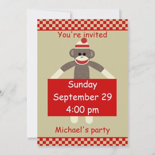 Sock Monkey verjaardagsuitnodiging aanpasbaar Kaart (Achterkant)