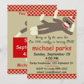 Sock Monkey verjaardagsuitnodiging aanpasbaar Kaart (Voorkant / Achterkant)