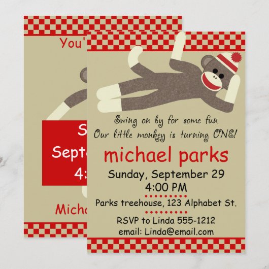 Sock Monkey verjaardagsuitnodiging aanpasbaar Kaart (Voorkant / Achterkant)