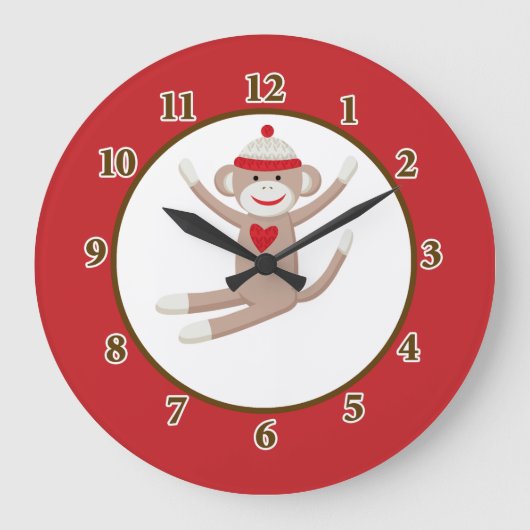 Sock Monkey Wall-klok (rood) Grote Klok (Voorkant)