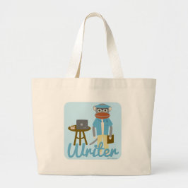 Sock Monkey Writer Cartoon Art Fun Style Grote Tote Bag
