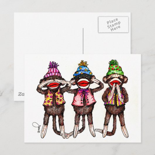 Sock Monkeys-Zie, luister, spreek geen aambeeld ui Briefkaart (Voorkant / Achterkant)