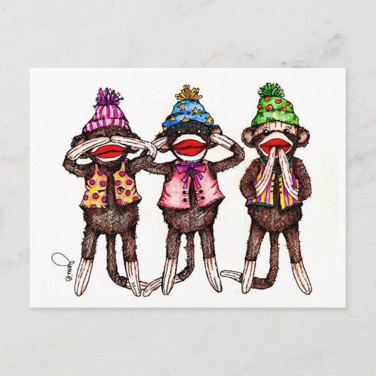 Sock Monkeys-Zie, luister, spreek geen aambeeld ui Briefkaart (Voorkant)