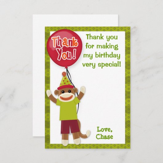 Socket Monkey Birthday Party Dank u wel kaart 3,5 (Voorkant / Achterkant)