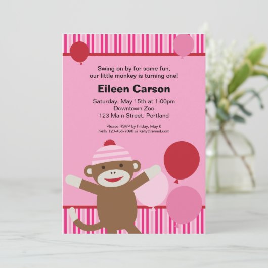 Socket Monkey Invitation - Roze Kaart (Staand voorkant)