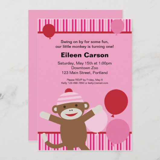 Socket Monkey Invitation - Roze Kaart (Voorkant / Achterkant)