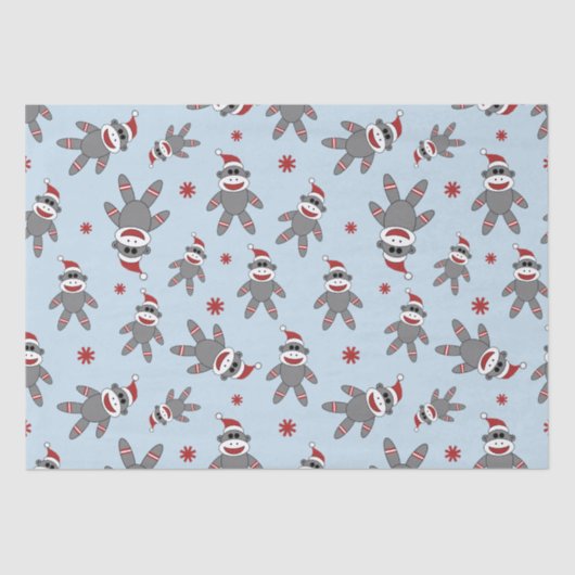 Socket Monkey met Santa Hat op Blauwe Kerstmis Tissuepapier (Voorkant)