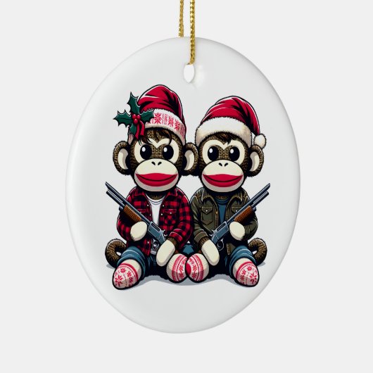 SockMonkey Hunter Brothers met Kerstmis Keramisch Ornament (Rechts)