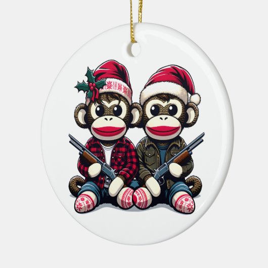 SockMonkey Hunter Brothers met Kerstmis Keramisch Ornament (Links)