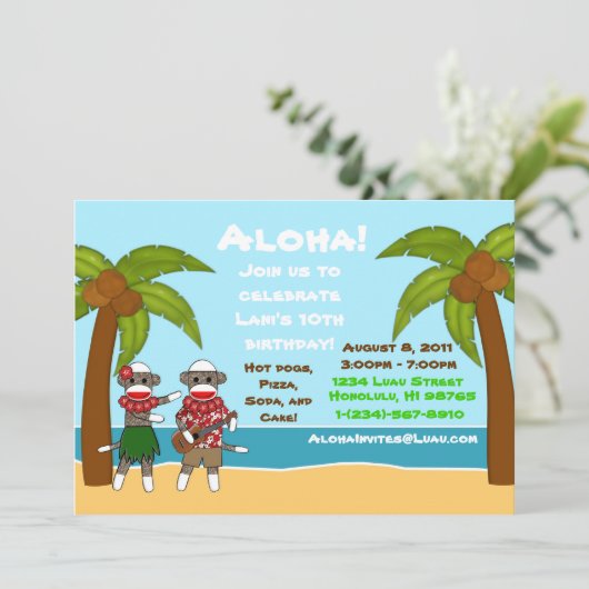 SockMonkey Luau Birthday Uitnodiging (Staand voorkant)