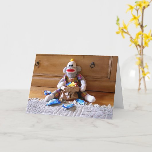 SockMonkey Verjaardag Kaart (Gele Bloem)