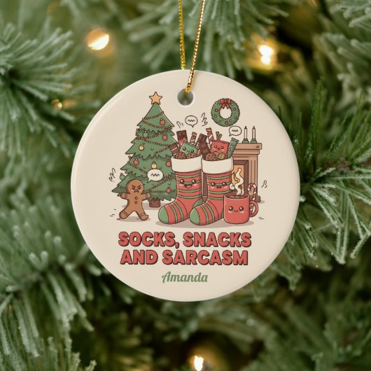 Socks Snacks and Sarcasm Funny Christmas Ornament (Boom)