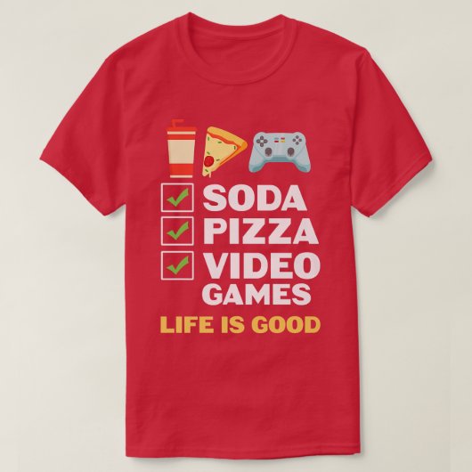 Soda Pizza Video Games T-shirt (Design voorkant)