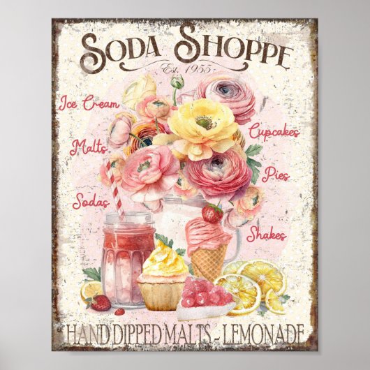 Soda Shoppe Poster Ice Cream Bloemen Wandkunst (Voorkant)