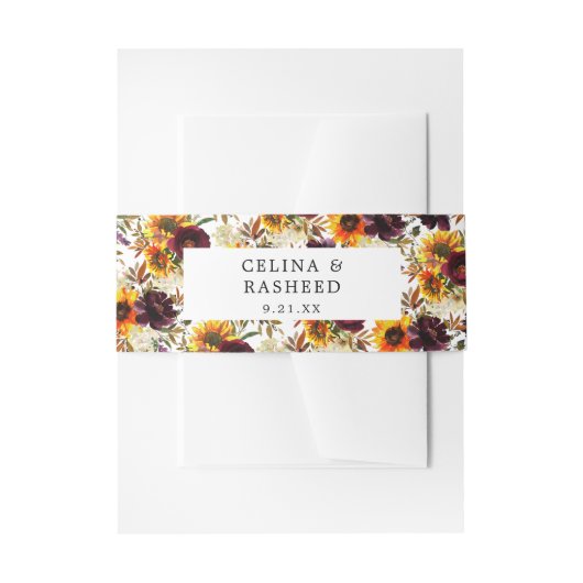 Soeele zonnebloemen en Bourgogne, Paarse bloemen Uitnodigingen Wikkel (Voorkant Voorbeeld)