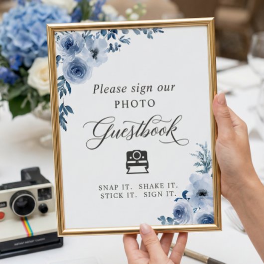 Sofblauw bloemstuk voor instant foto gastenboek poster