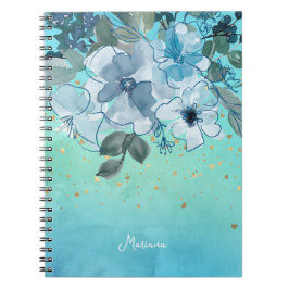 Soft Aqua Blue Turquoise Waterverf Floral haar Notitieboek