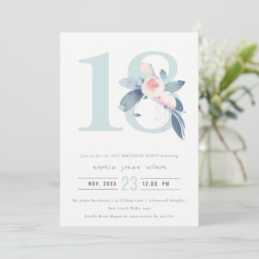 SOFT AQUA BLUSH BLUE FLORAL 18TH ELKE OUDERDAG KAART (Staand voorkant)