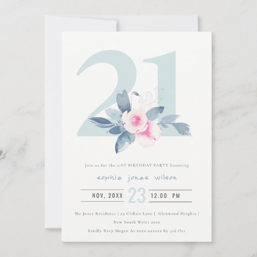 SOFT AQUA BLUSH BLUE FLORAL 21ST ELKE LEEFTIJD BIR KAART (Voorkant)