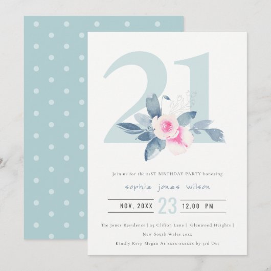 SOFT AQUA BLUSH BLUE FLORAL 21ST ELKE LEEFTIJD BIR KAART (Voorkant / Achterkant)
