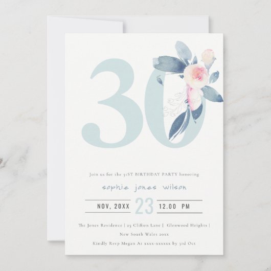 SOFT AQUA BLUSH BLUE FLORAL 30 TH ELKE OUDERDAG KAART (Voorkant)