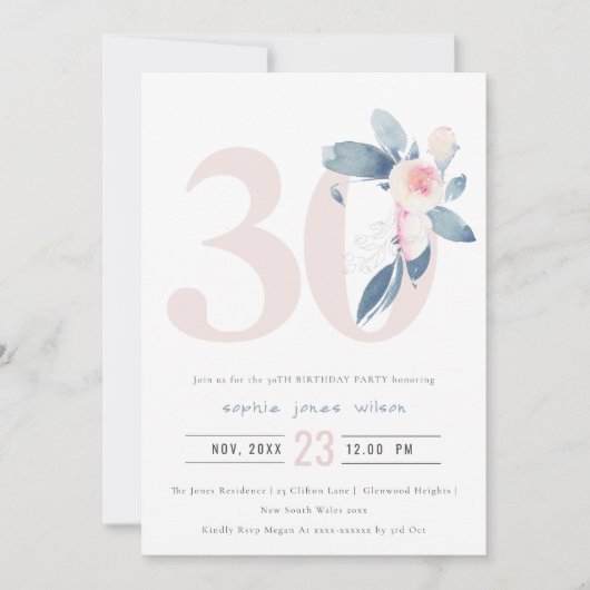 SOFT AQUA BLUSH BLUE FLORAL 30 TH ELKE OUDERDAG KAART (Voorkant)