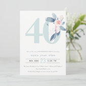 SOFT AQUA BLUSH BLUE FLORAL 40TH ELKE LEEFTIJD BIR KAART (Staand voorkant)