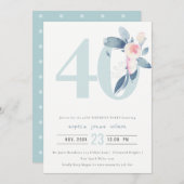 SOFT AQUA BLUSH BLUE FLORAL 40TH ELKE LEEFTIJD BIR KAART (Voorkant / Achterkant)