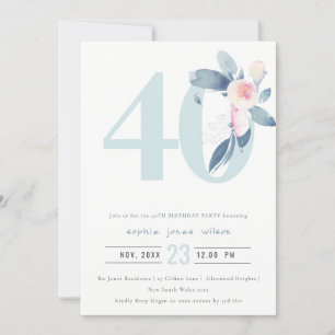 SOFT AQUA BLUSH BLUE FLORAL 40TH ELKE LEEFTIJD BIR KAART