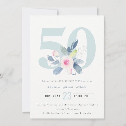 SOFT AQUA BLUSH BLUE FLORAL 50 TH ELKE OUDERDAG KAART (Voorkant)