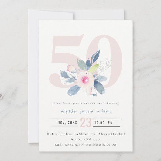 SOFT AQUA BLUSH BLUE FLORAL 50 TH ELKE OUDERDAG KAART (Voorkant)