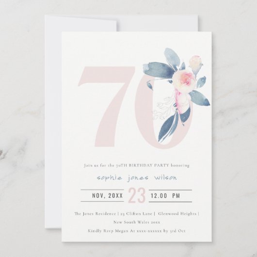 SOFT AQUA BLUSH BLUE FLORAL 70 TH ELKE OUDERDAG KAART (Voorkant)