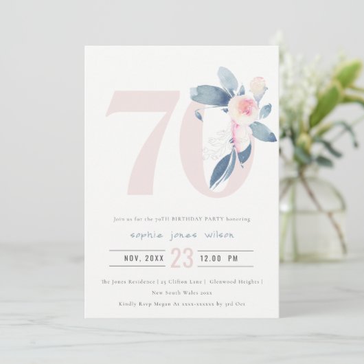 SOFT AQUA BLUSH BLUE FLORAL 70 TH ELKE OUDERDAG KAART (Staand voorkant)