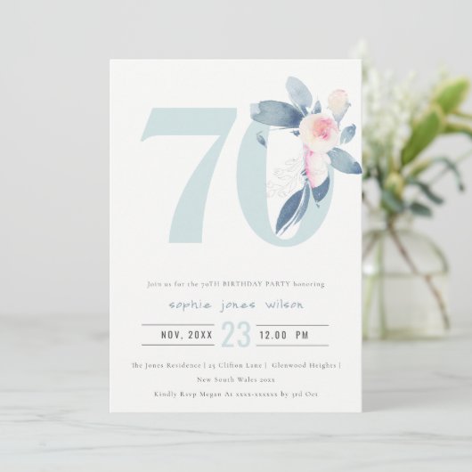 SOFT AQUA BLUSH BLUE FLORAL 70 TH ELKE OUDERDAG KAART (Staand voorkant)